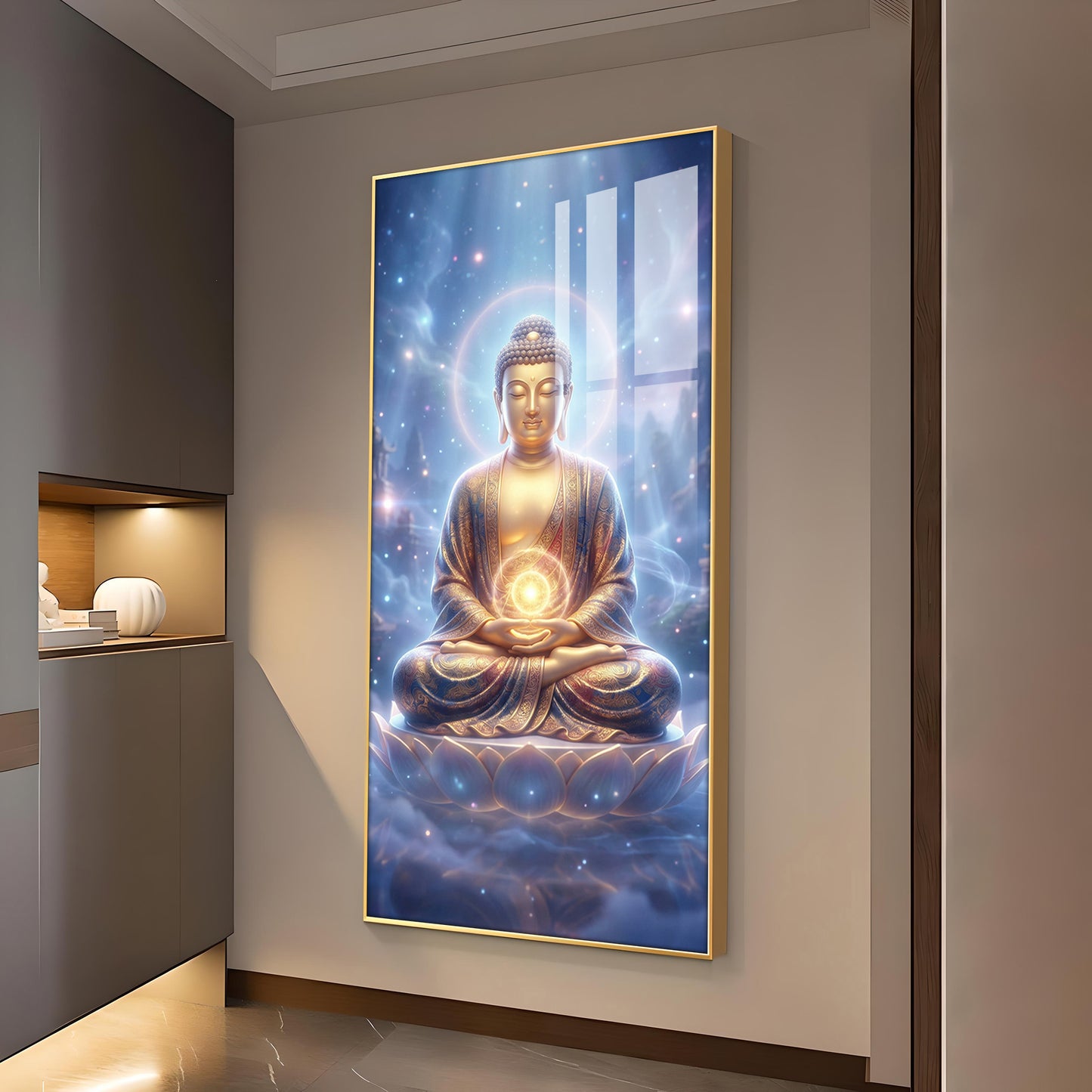 Meditating Lord Buddha Glass Finish Vertical Wall Art