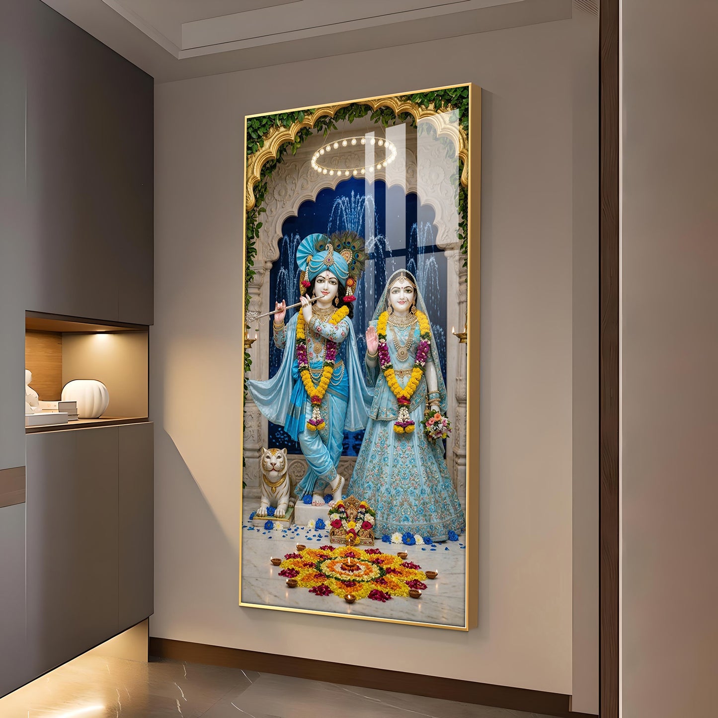 Radha & Krishna Masterpiece Glass Finish Vertical Wall Art