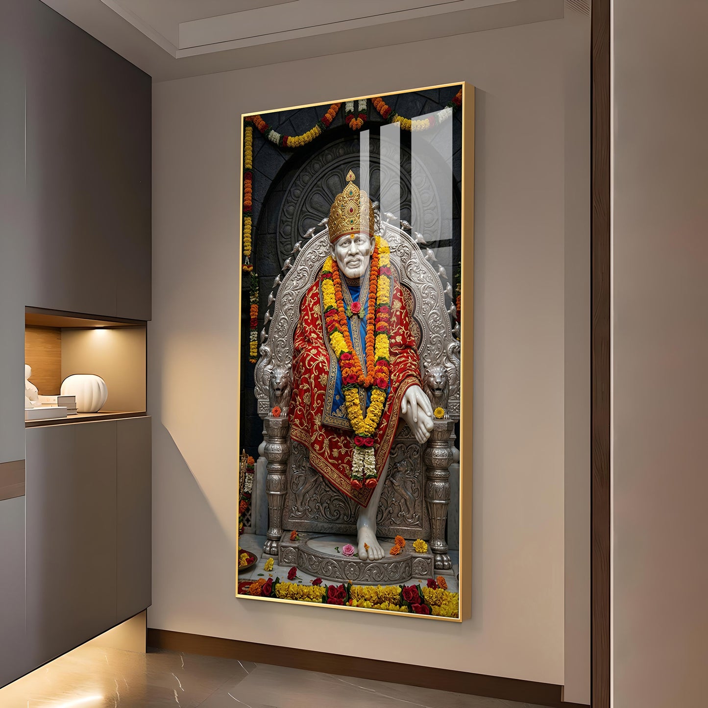Sai Baba Blessings Glass Finish Vertical Wall Art