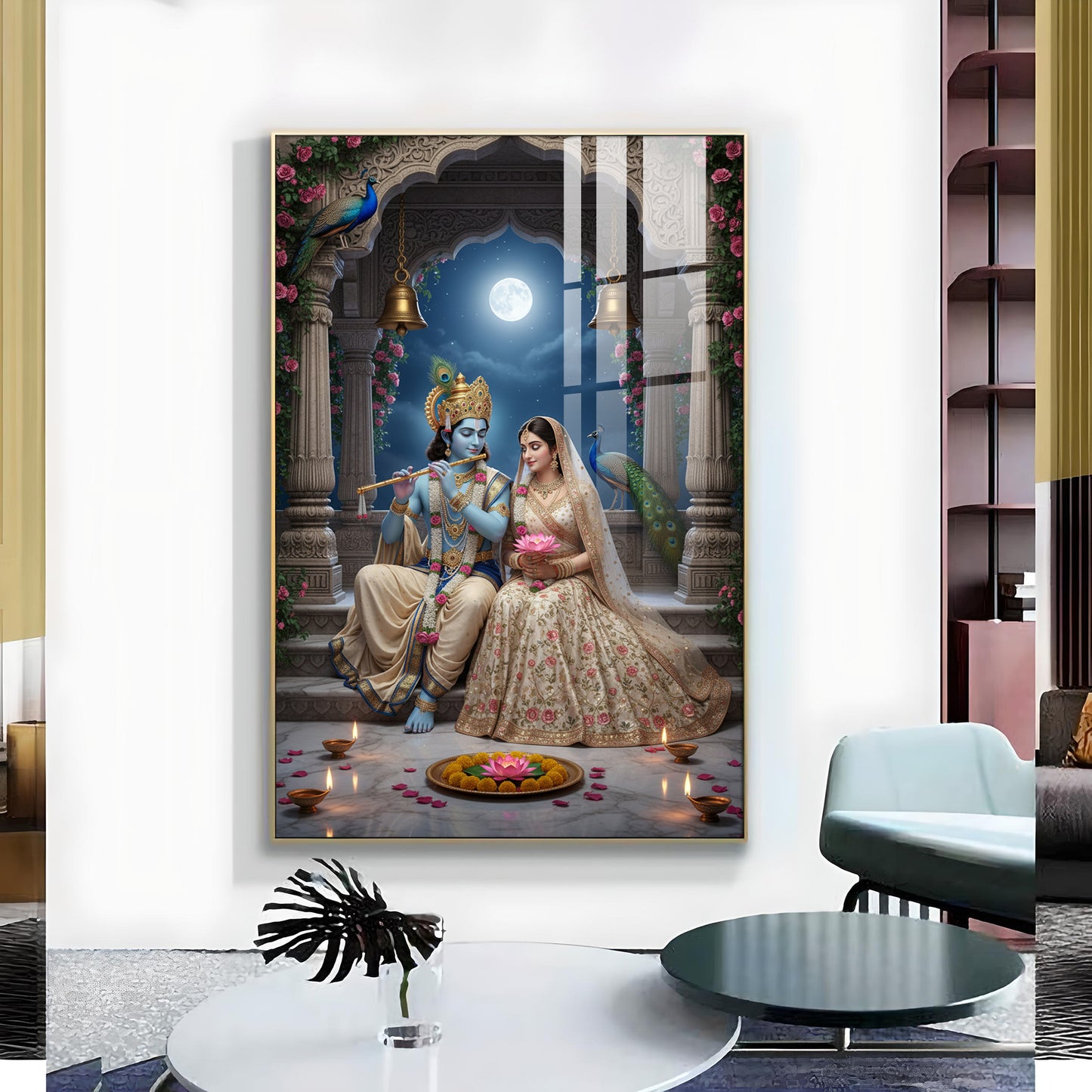 Hindu Deities Radha & Krishna Glass Finish Vertical Wall Art