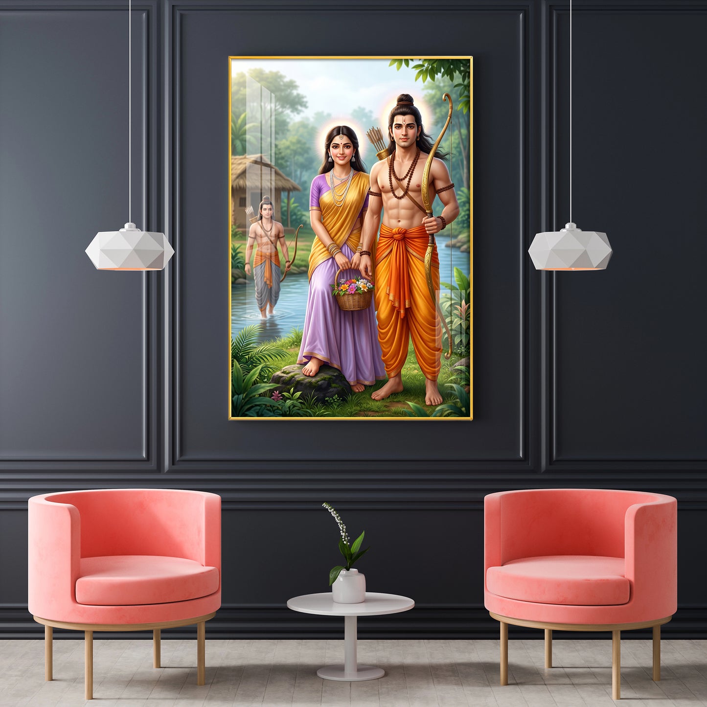 Lord Ram Siya With Lakshman Glass Finish Vertical Wall Art