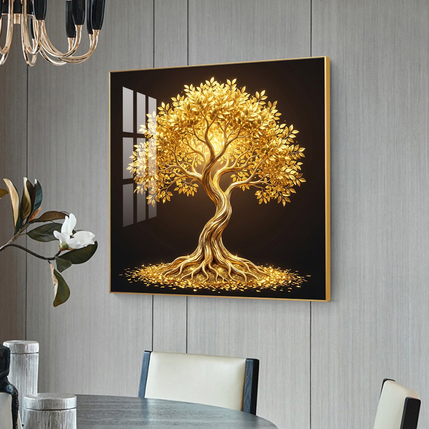 Golden Kalpavriksha Glass Finish Square Wall Art