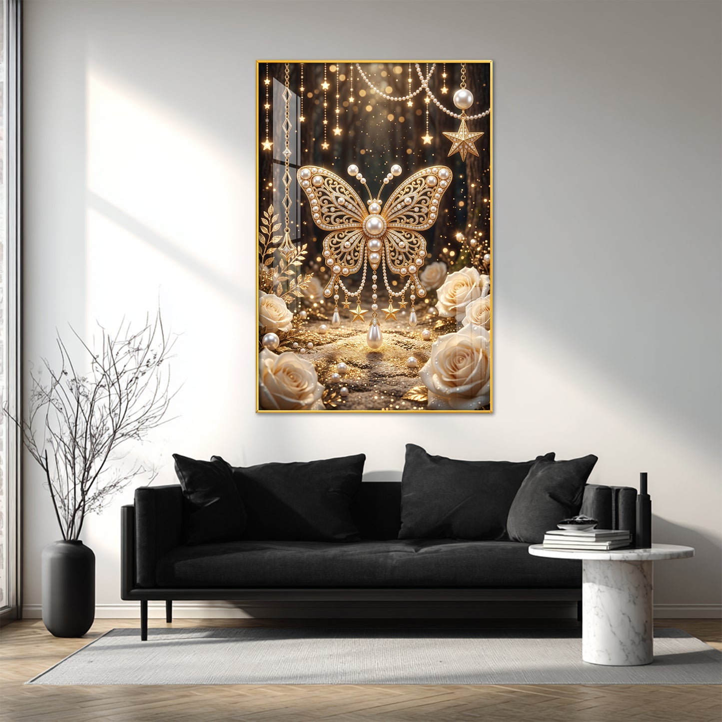 Golden Butterfly Embellished With Pearls Glass Finish Vertical Wall Art