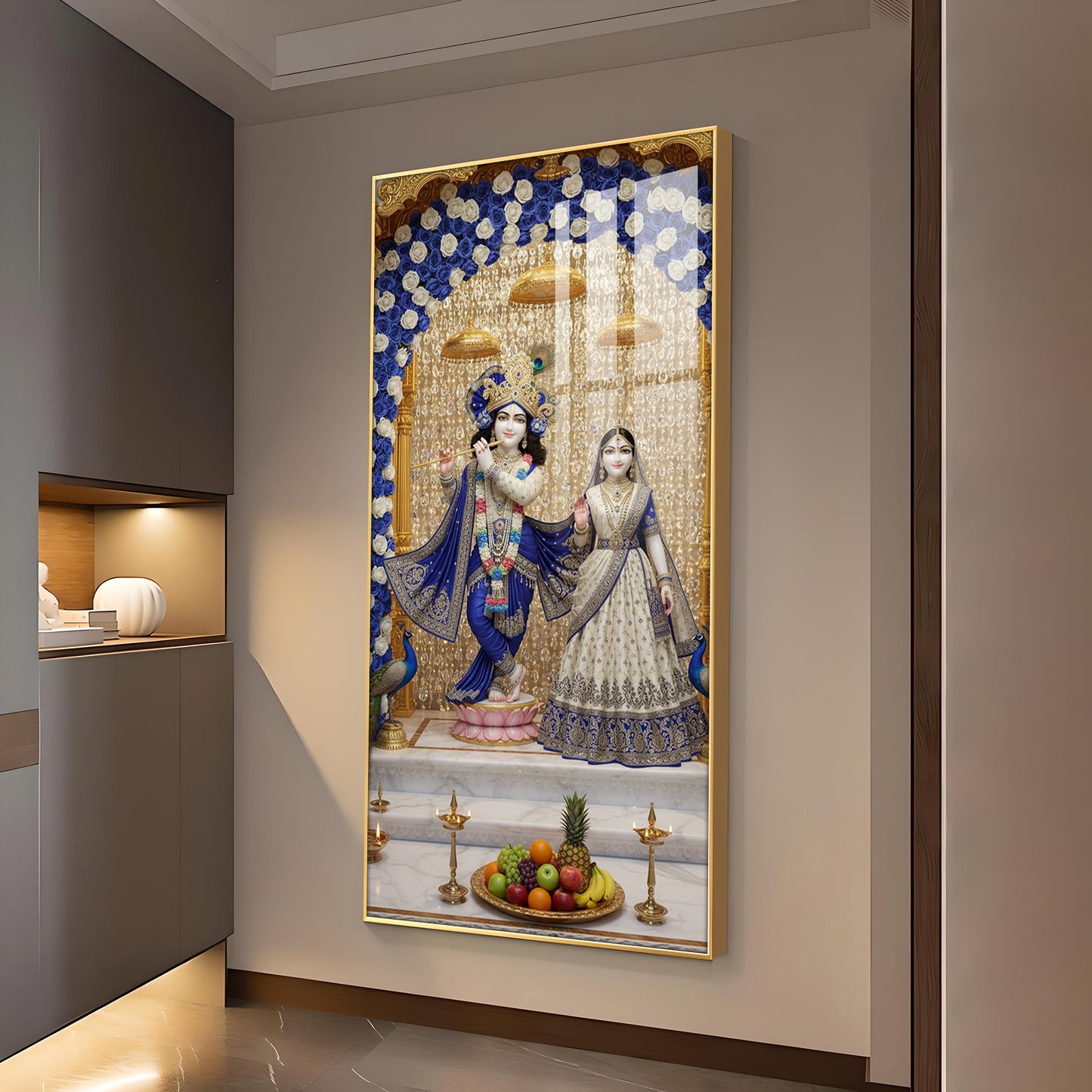 Deities Radha & Krishna Glass Finish Vertical Wall Art