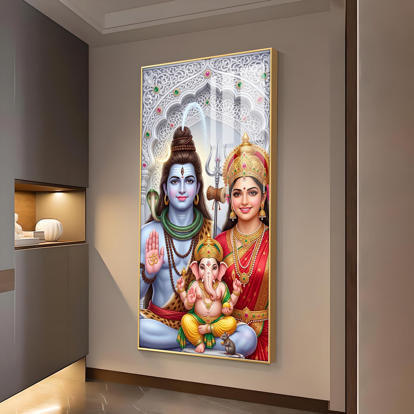 Hindu Deity Family Glass Finish Vertical Wall Art