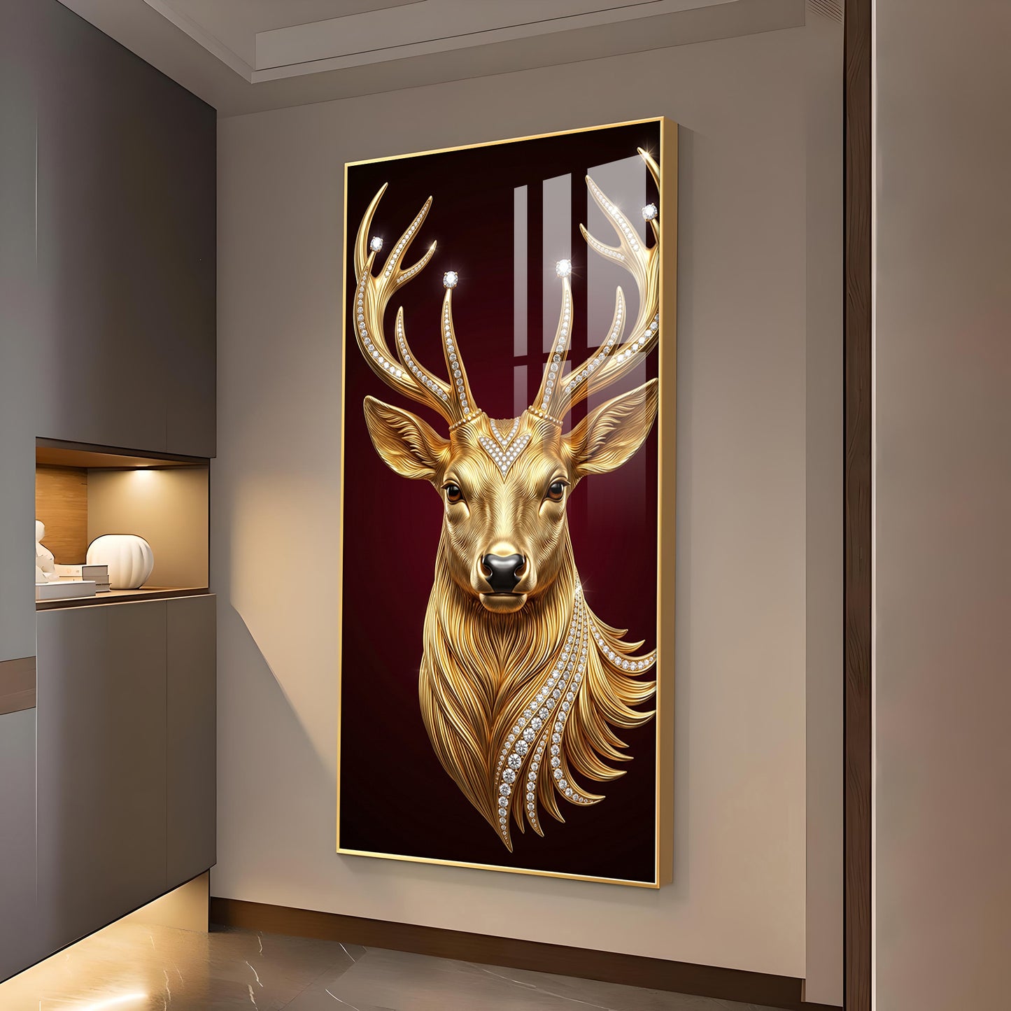 Golden Deer Head Glass Finish Vertical Wall Art
