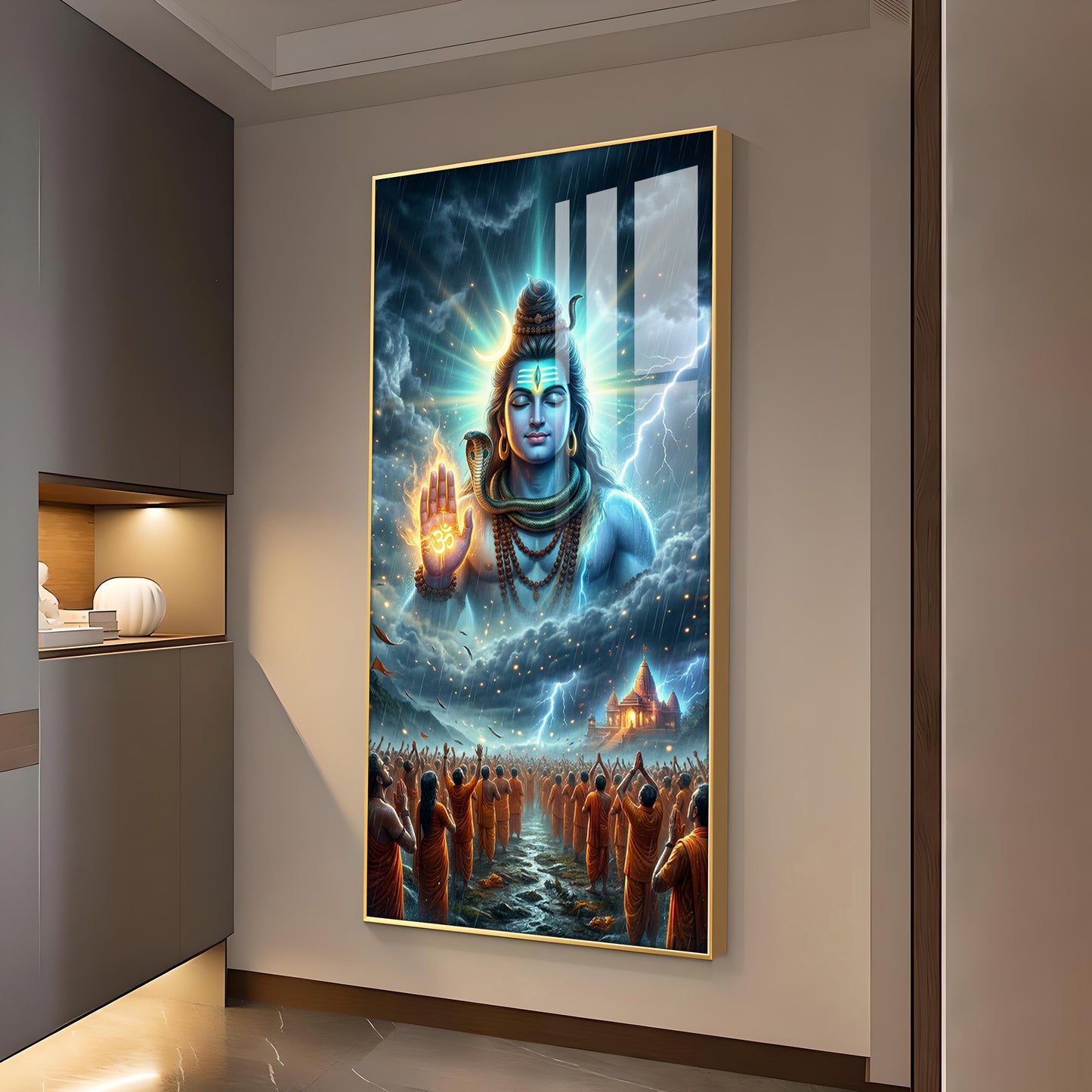 Lord Mahadev Blessing Glass Finish Vertical Wall Art