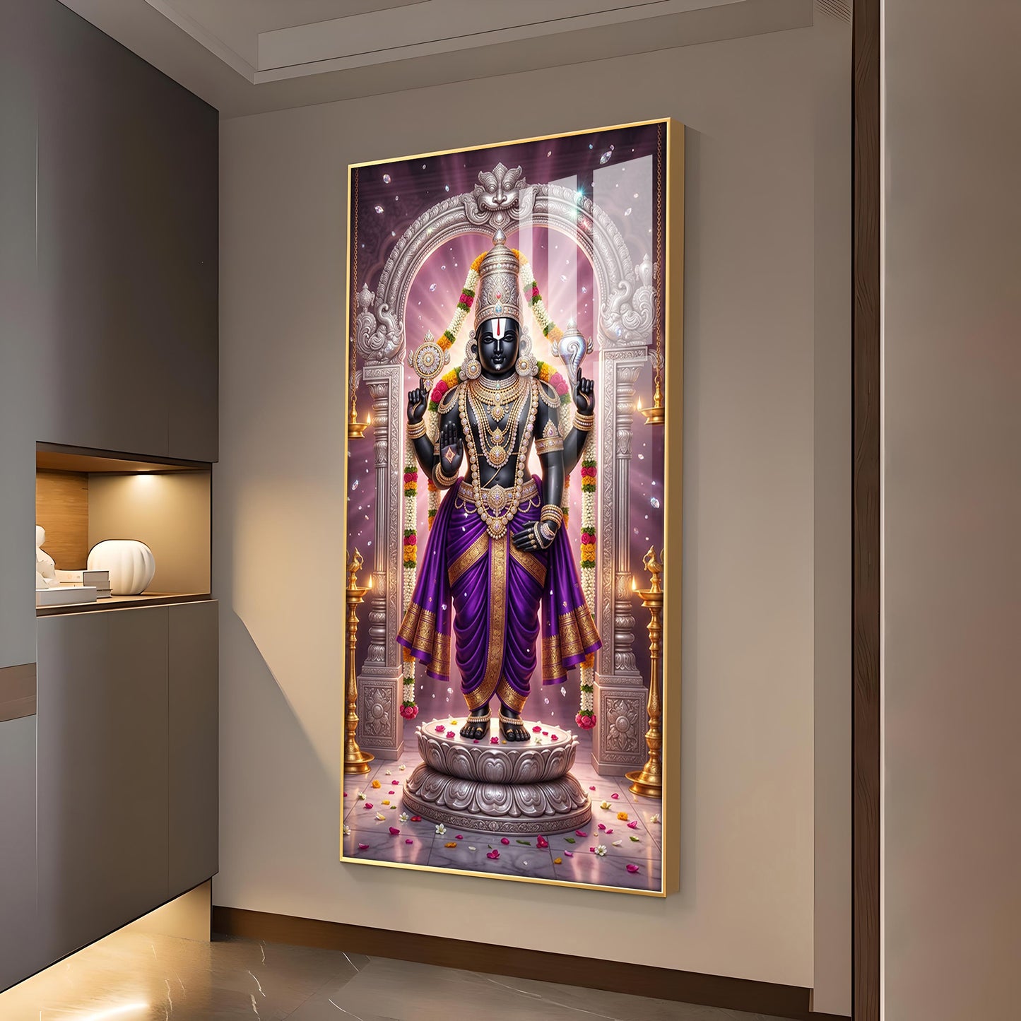 Om Namo Venkateswara Glass Finish Vertical Wall Art