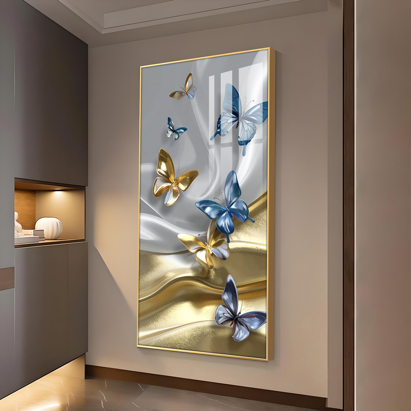 Radiant Butterfly Dance Glass Finish Vertical Wall Art