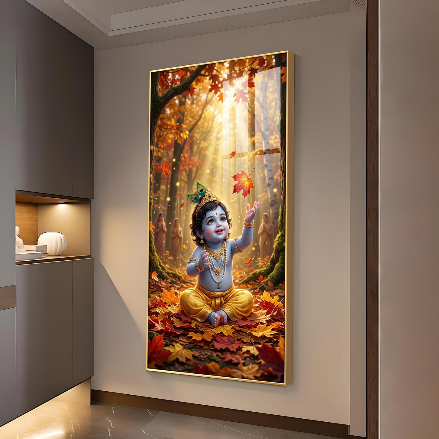 Lord Kanha In Forest Glass Finish Vertical Wall Art