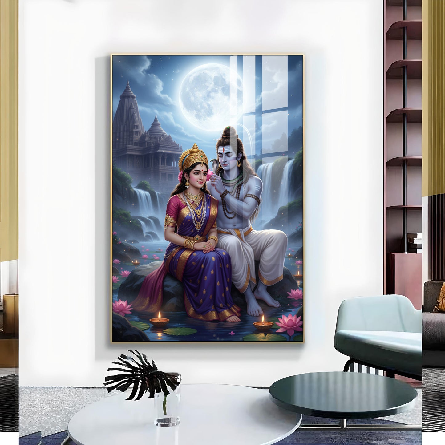 Depicting Lord Shiva & Goddess Parvati Glass Finish Vertical Wall Art