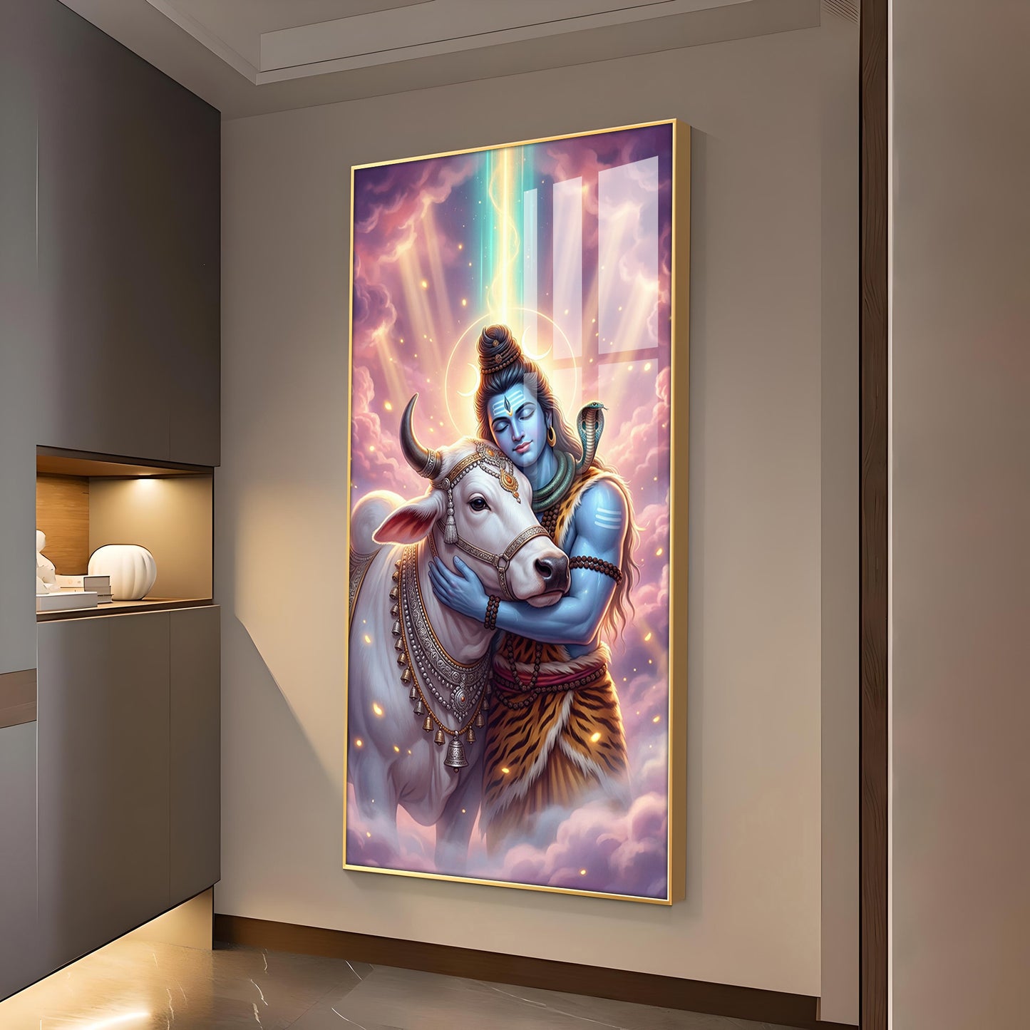 Lord Shiva and Nandi Glass Finish Vertical Wall Art