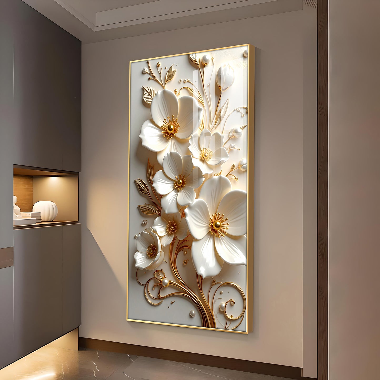 Pure Elegance Flora Glass Finish Vertical Wall Art