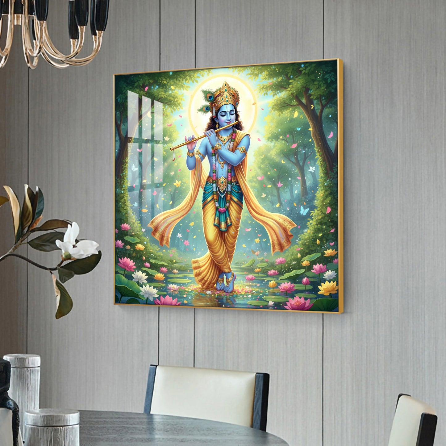 Lord Krishna With Blue Skin Glass Finish Square Wall Art