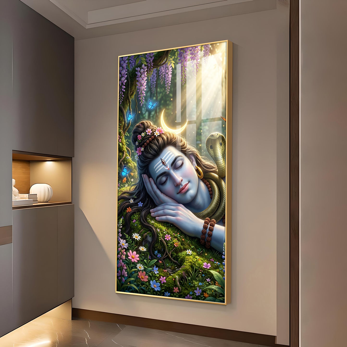Lord Shiva Glass Finish Vertical Wall Art