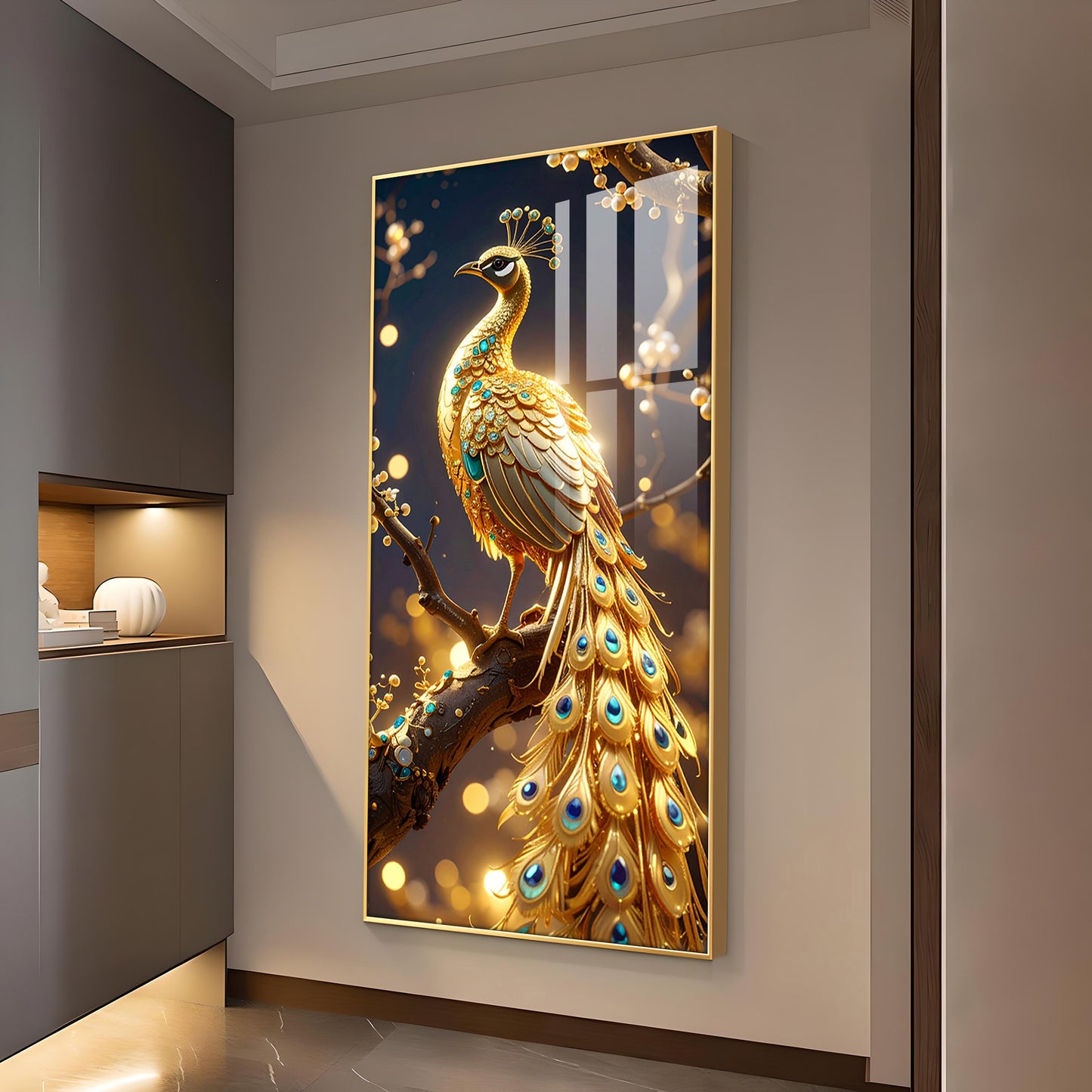 Celestial Golden Peacock Glass Finish Vertical Wall Art