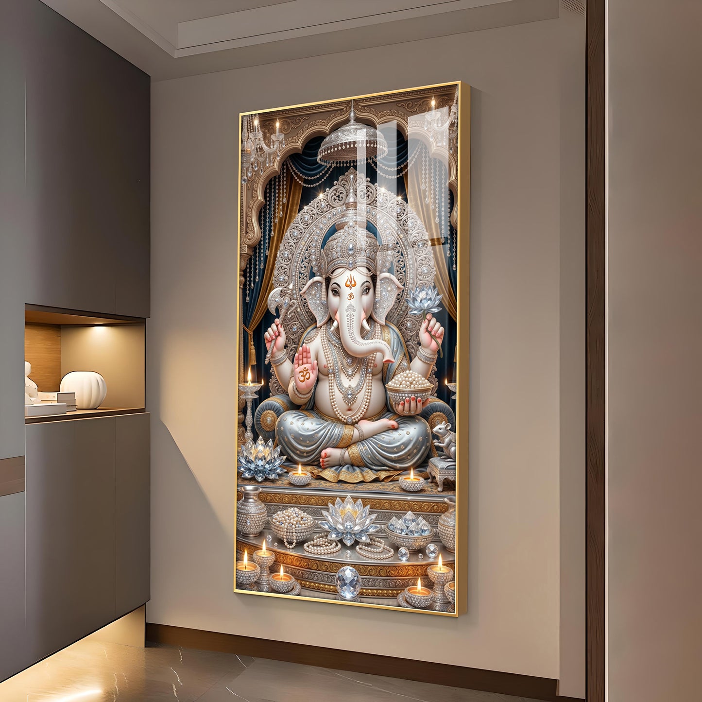 Depicts Lord Ganesha Glass Finish Vertical Wall Art