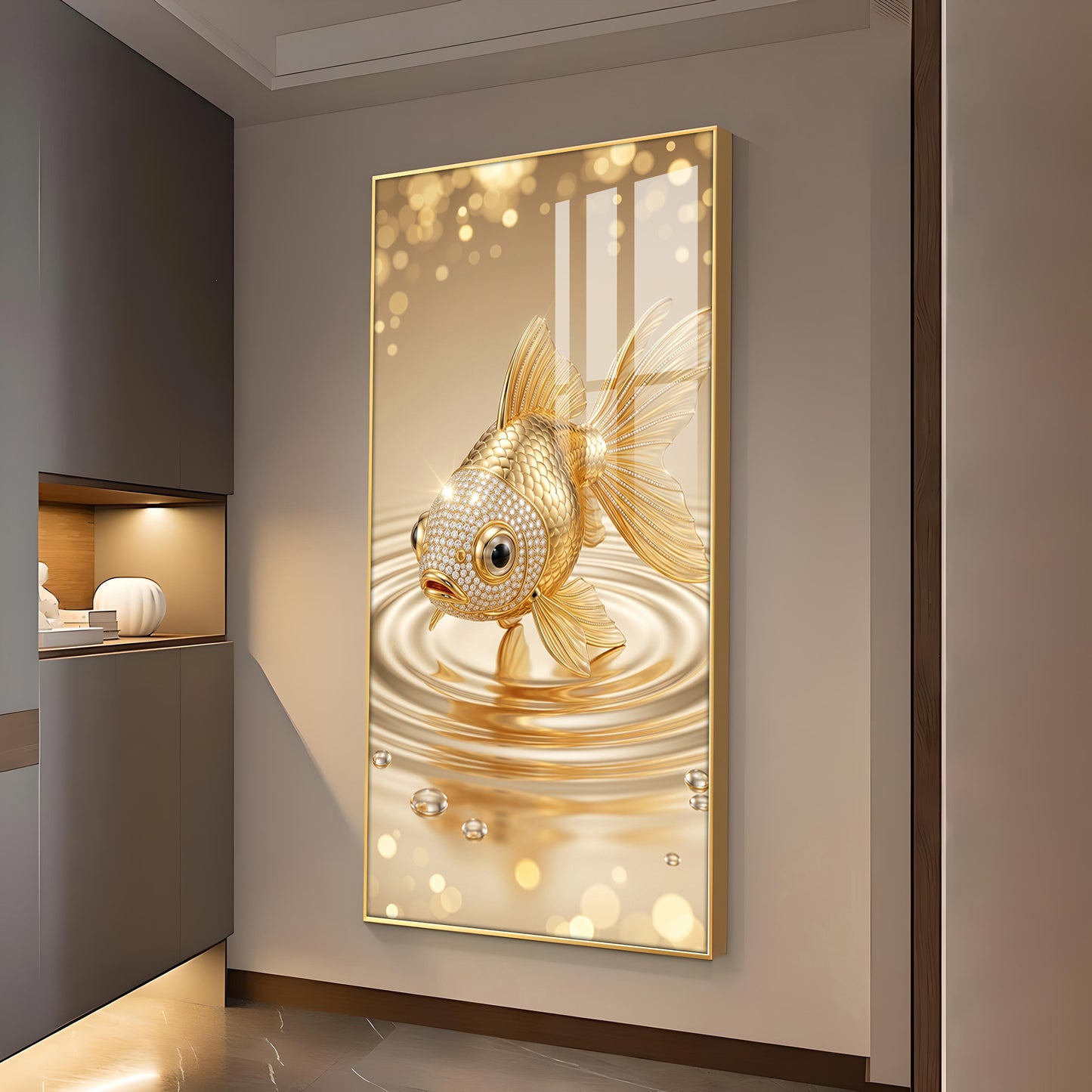 Lucky Golden Fish Glass Finish Vertical Wall Art