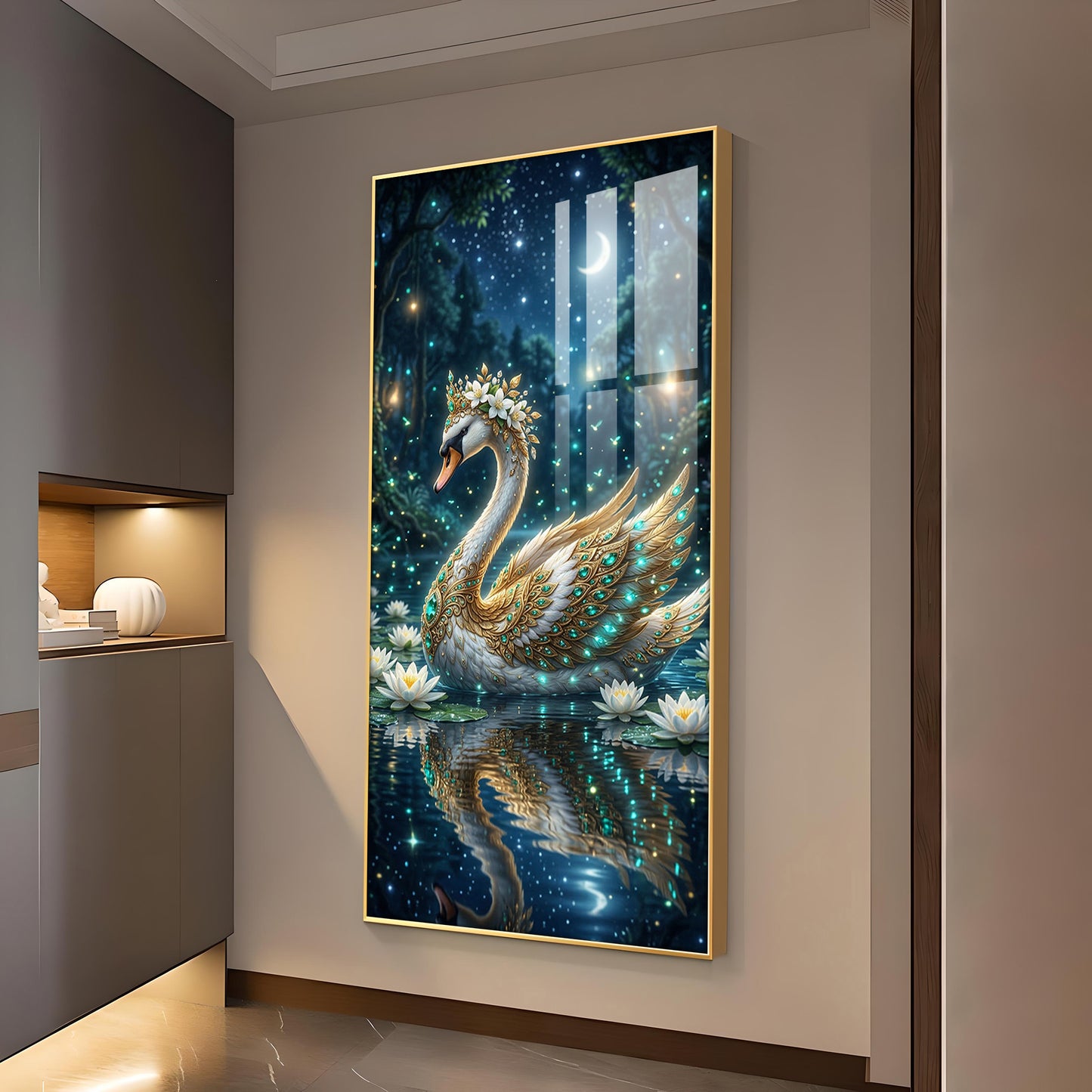 Calm Night Magical Swan Glass Finish Vertical Wall Art