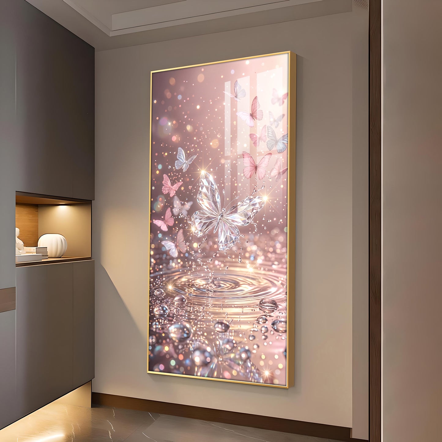 Sparkling Pink Butterfly Glass Finish Vertical Wall Art