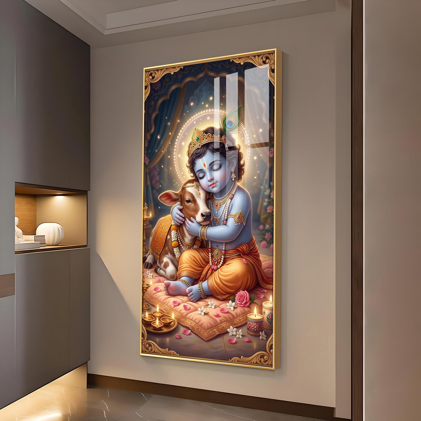 Little Kanha With Calf Glass Finish Vertical Wall Art