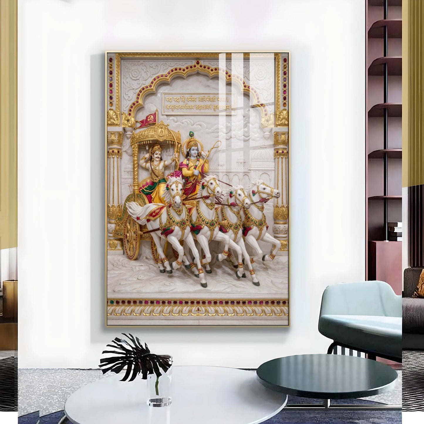 Krishna & Arjuna Chariot Glass Finish Vertical Wall Art