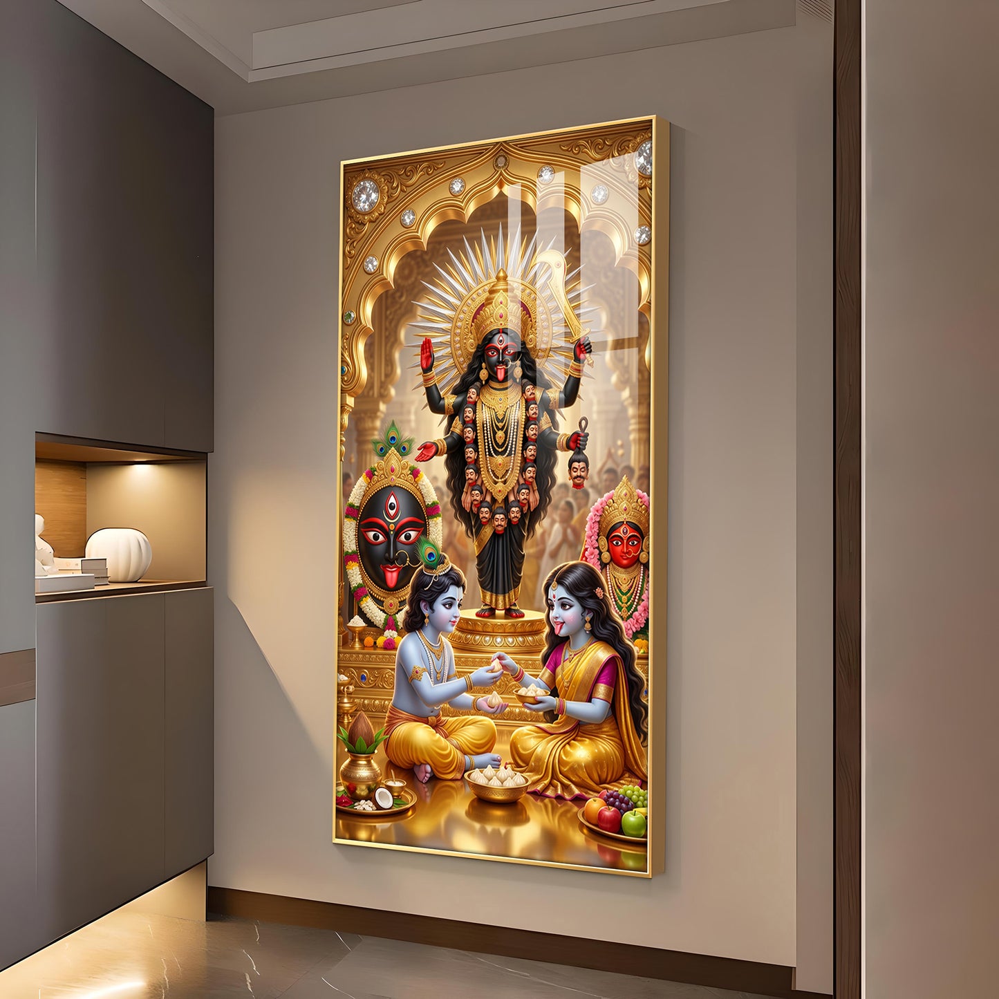 Maa Kali, Lord Krishna & Radha Glass Finish Vertical Wall Art