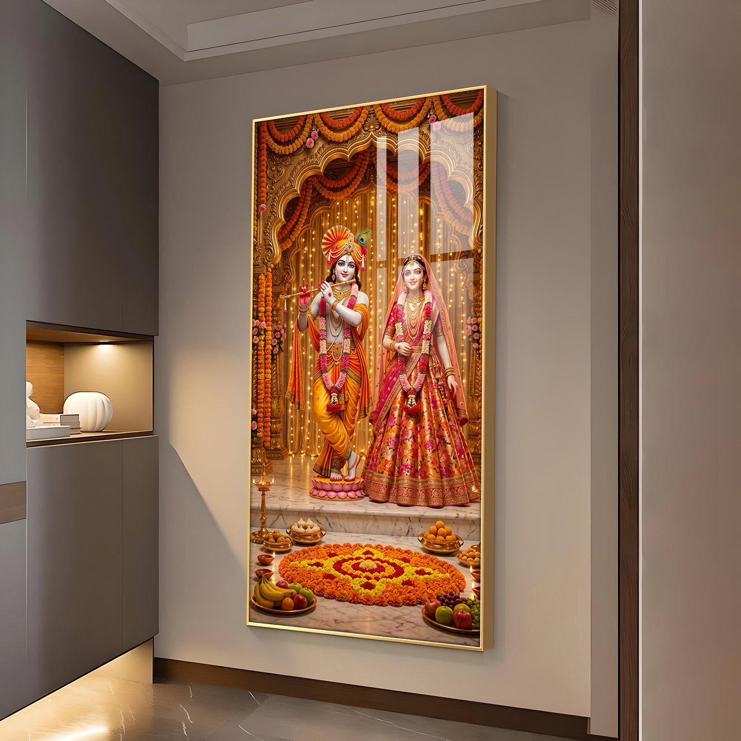 Decorative Radha Krishna Glass Finish Vertical Wall Art