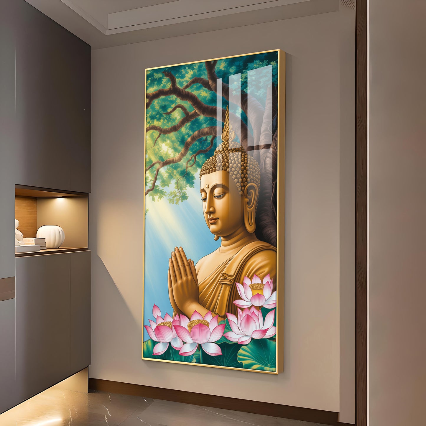 Religious Buddha Glass Finish Vertical Wall Art