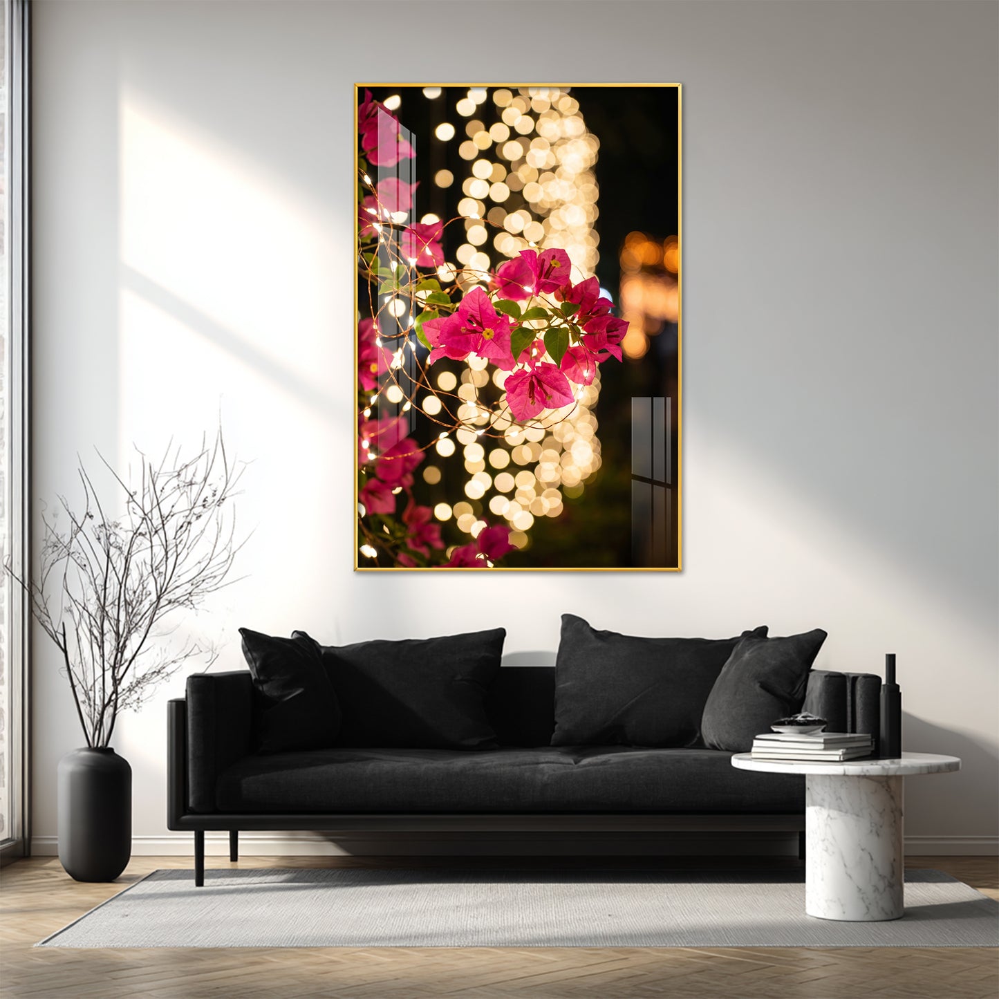 Pink Bougainvillea Flowers Glass Finish Vertical Wall Art