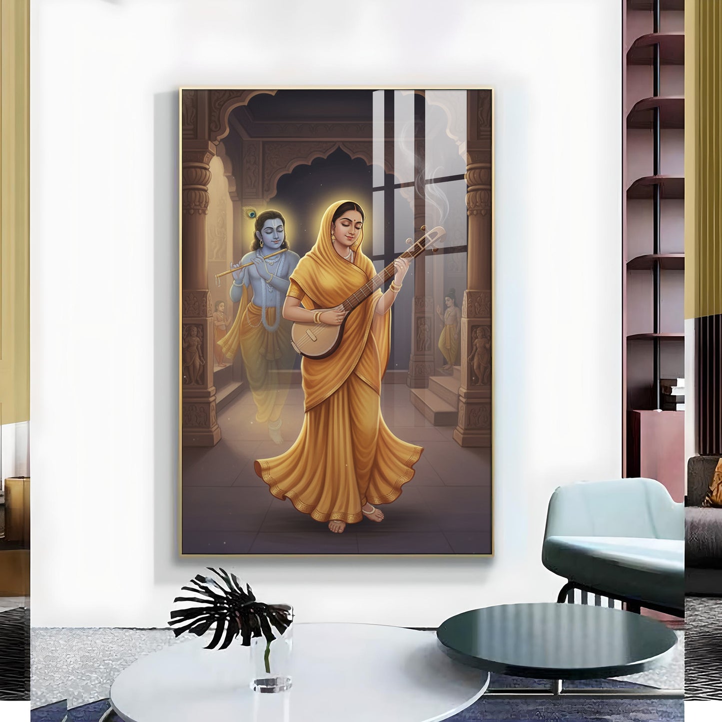 Meera Bai and Krishna Glass Finish Vertical Wall Art